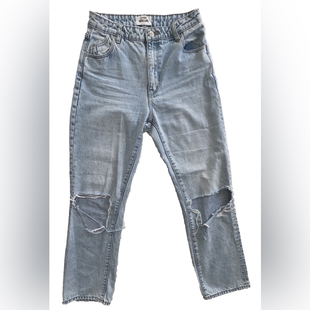 Vintage Style Rollas High Rise Straight Jeans Distressed Knee Light Wash Size 28